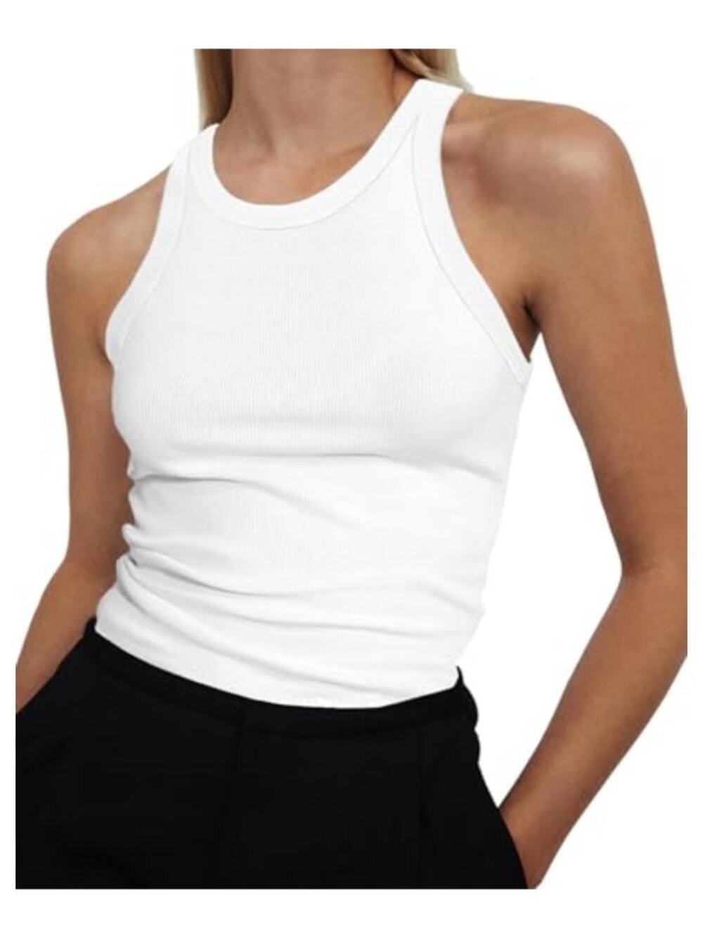 Sleeveless Ribbed Tank Top High Neck Slim Fit Basic Tee